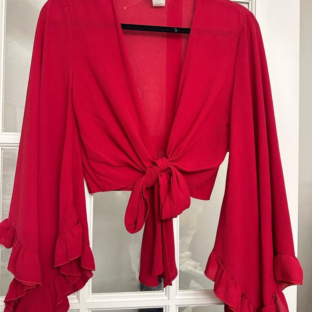 Fashion Nova Red Tie-Front Crop Top with Ruffled Bell Sleeves